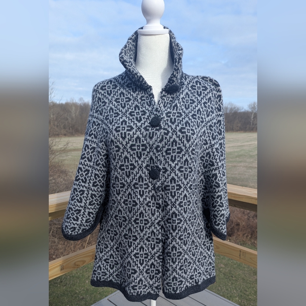 Alpaca Woven Poncho Cardigan Black White Gray Button Up Cozy Soft
